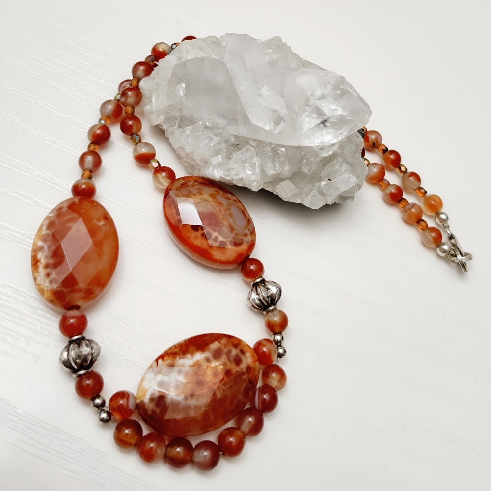 Vintage Sterling Silver Faceted Red Fire Agate Statement Necklace 19" - Picture 12 of 12